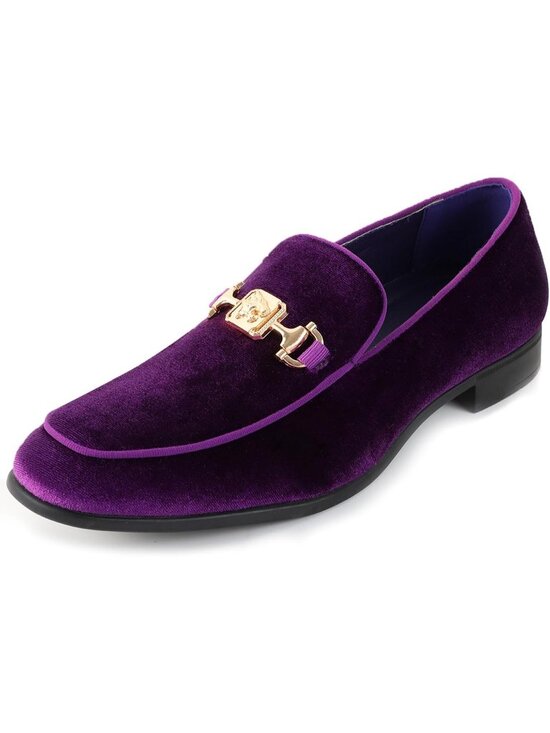 REIHUANNE Men\'s Purple Velvet Loafer Metal Buckle Slip On Luxury Smoking Shoes main image 5